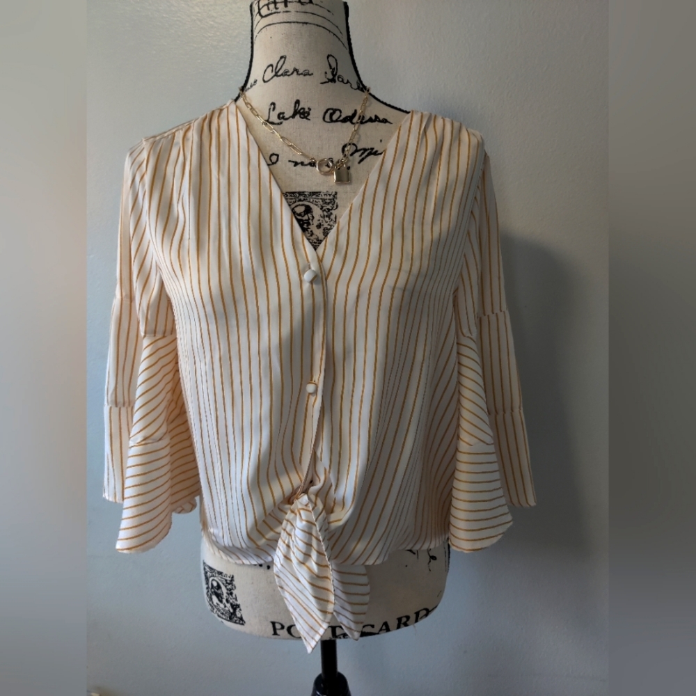LC Lauren Conrad striped button down ruffle sleeve shirt tie waist medium euc